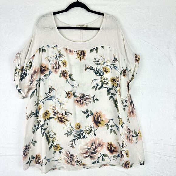 Lungo L'arno Linen Floral Crochet Top Size 3X Short Sleeve Cream - Picture 1 of 7